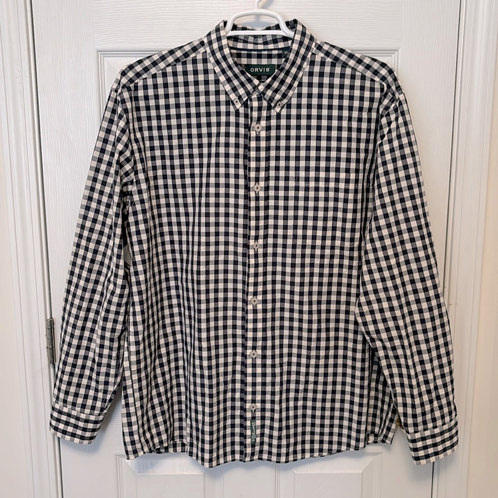 Men’s Orvis Active Fit Heritage Wash Navy Plaid Button Down Shirt Size XL